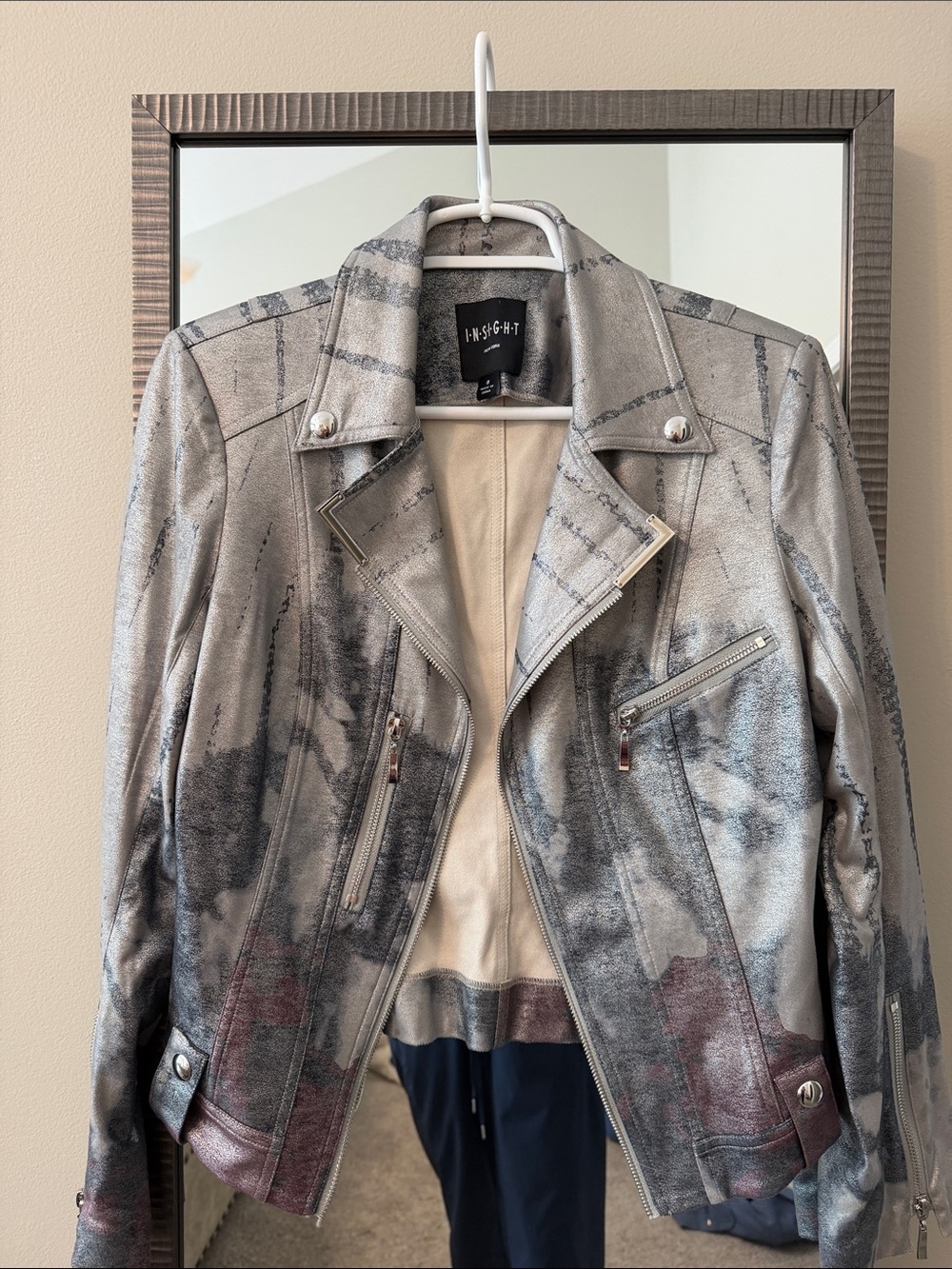 Insight Metallic Silver Distressed Faux Leather Moto Jacket